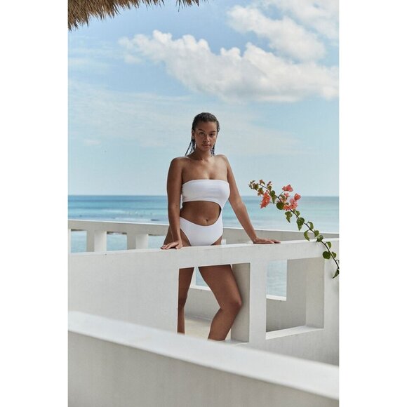 COTTON ON Women's Strapless Cutout Brazilian One-Piece Swimsuit White Ribbed - Picture 4 of 5